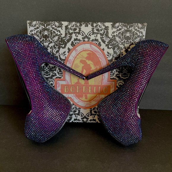 Bordello Teeze Rhinestone Platforms Purple with Iridescent Stones Size 8 - Picture 6 of 13